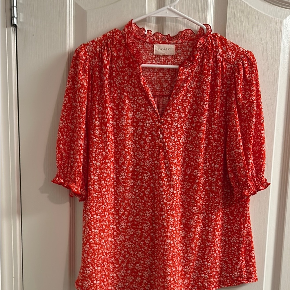 Red Smocked Blouse with Mandarin Collar
